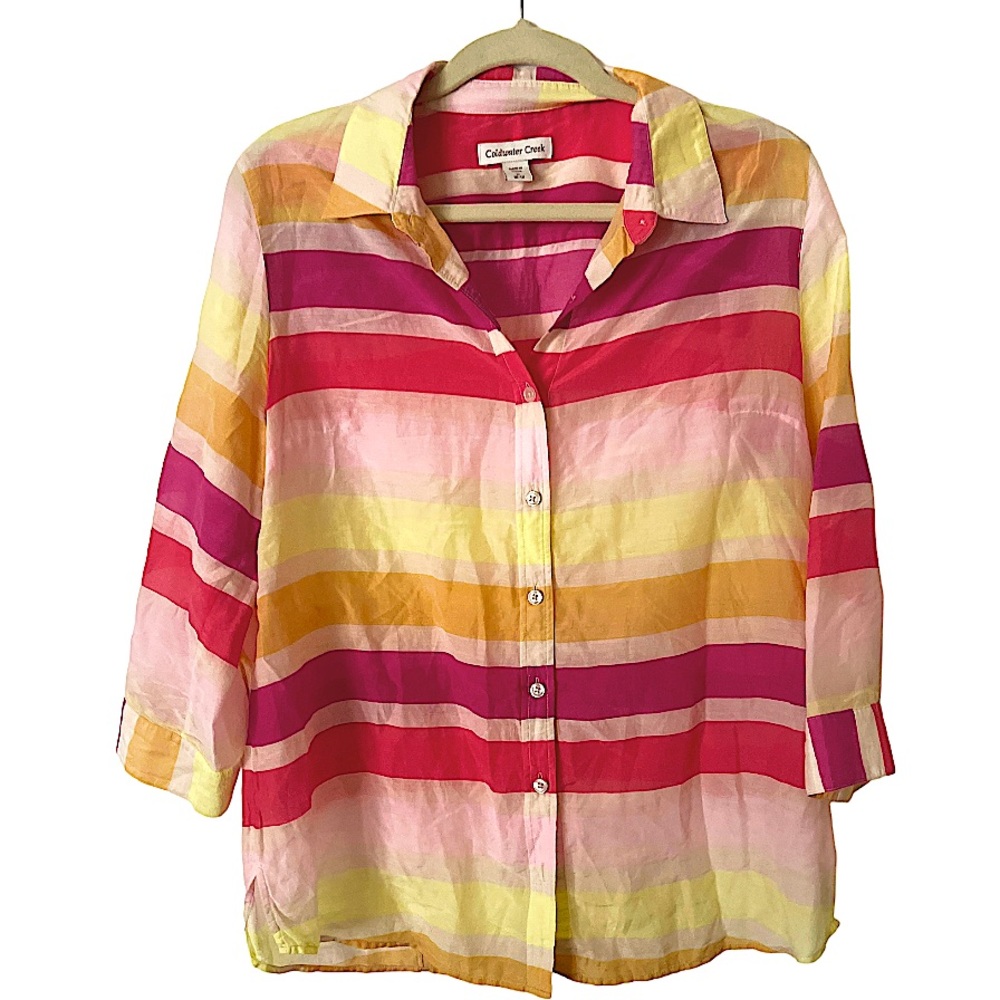 Coldwater Creek Cotton Silk Stripe Shirt Pink Yellow 3/4‎ Sleeve Button Down M